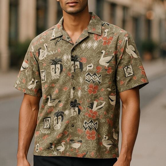 Hilo Hattie Mens Hawaiian Tiki Floral Shirt Green Button Up Made in Hawaii USA M - Picture 1 of 10